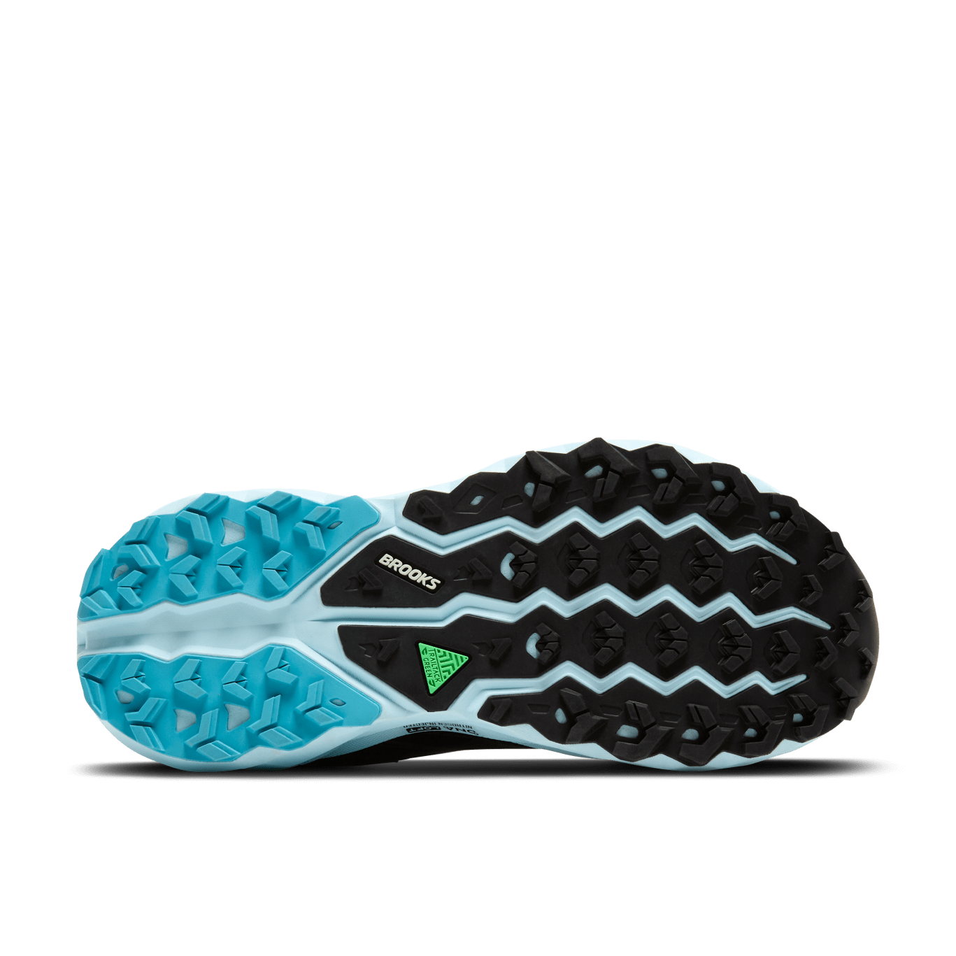 Close-up of a running shoe sole with 'Brooks' branding on a green background