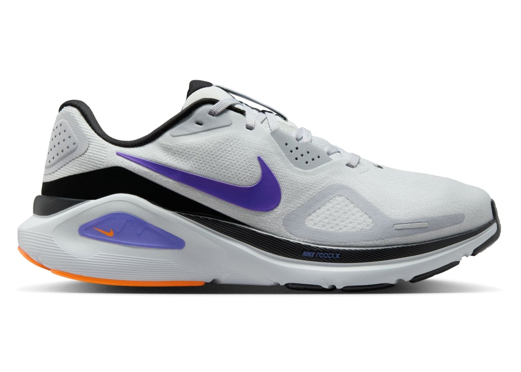 White running shoe with purple swoosh logo on a white background