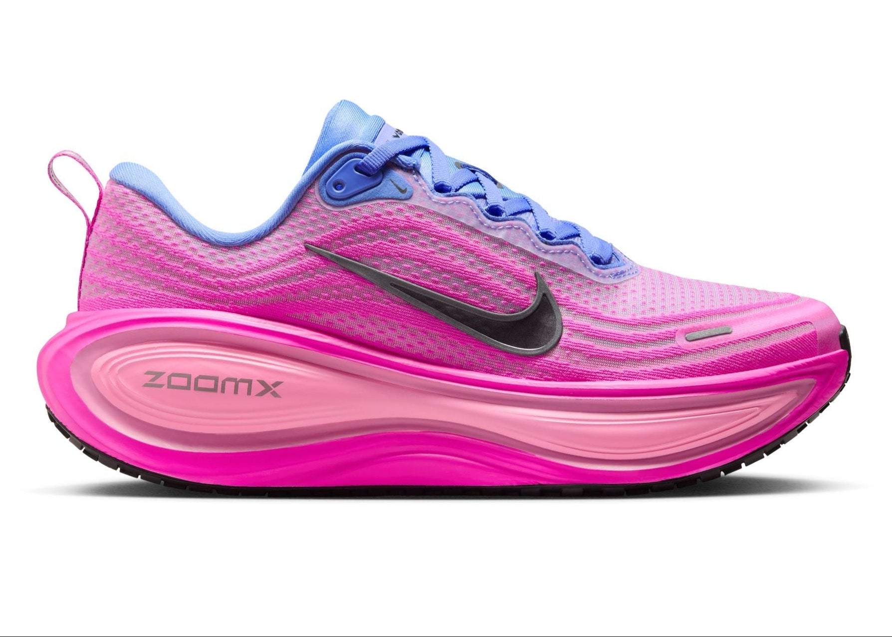 Pink and blue running shoe with Nike logo on a white background