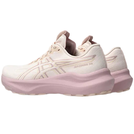White and pink running shoes with 'Asics' branding on a white background