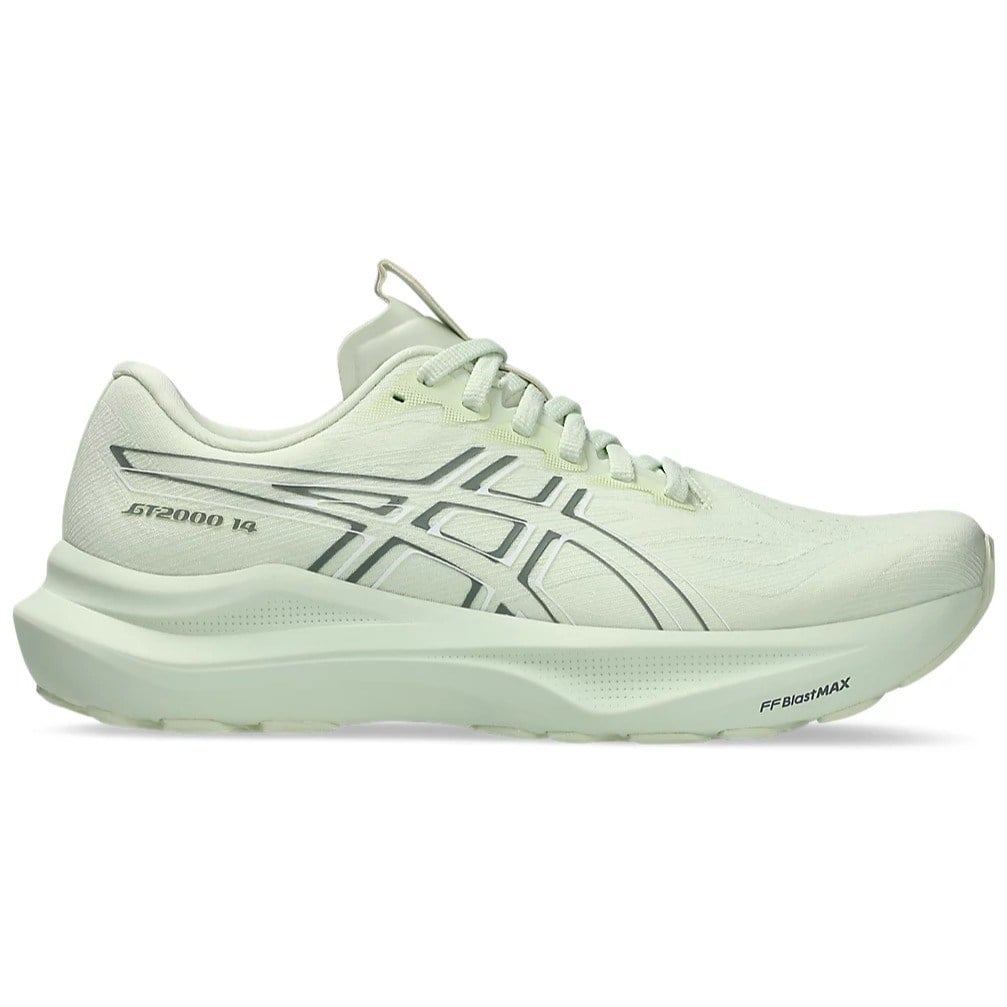 Light green running shoe with brand logo on a white background