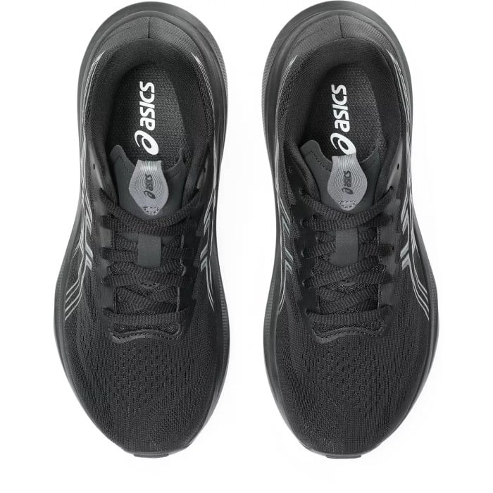 Black running shoes with Asics logo on a white background