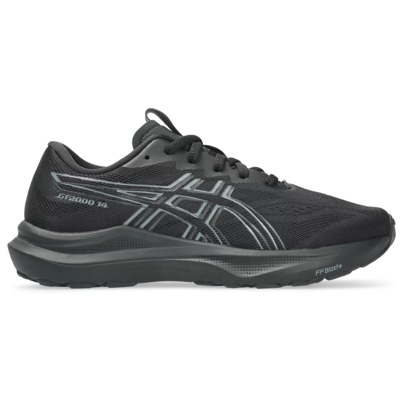 Black running shoe with gray accents on a white background