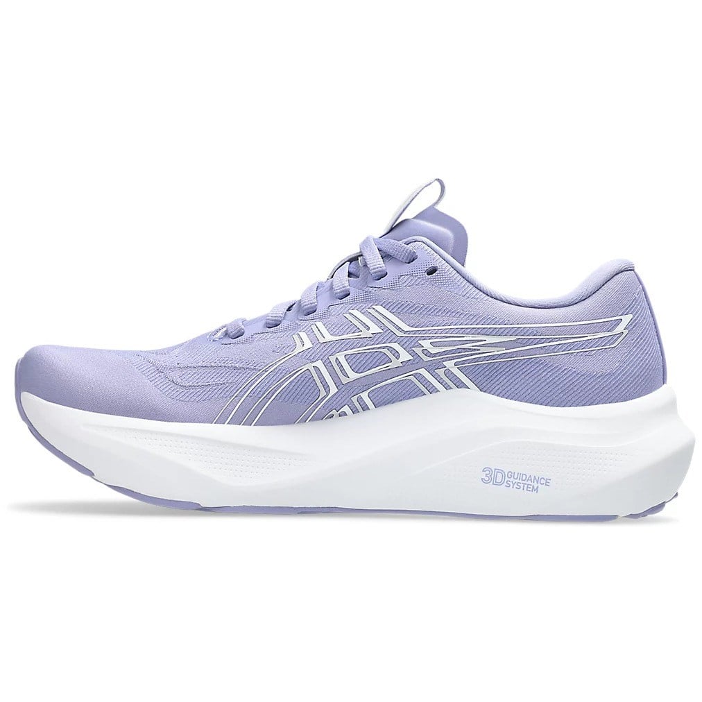 Purple running shoe with white sole on a white background