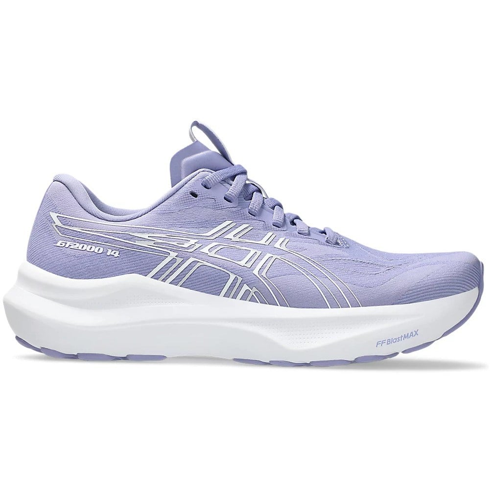 Purple running shoe with white sole on a white background