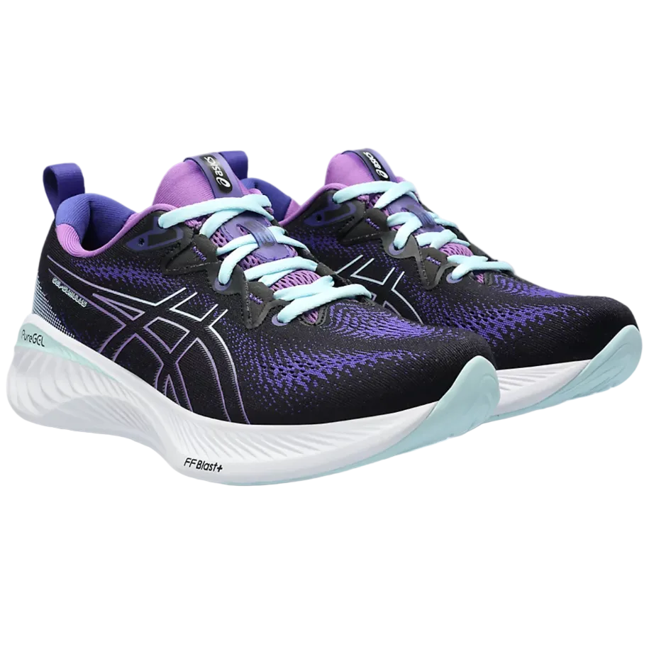 Pair of black and purple running shoes with light blue laces on a white background
