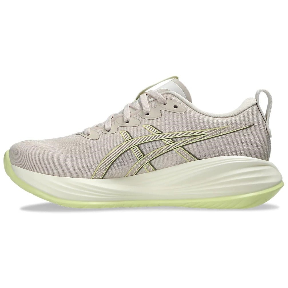 Light gray running shoe with green sole on a white background