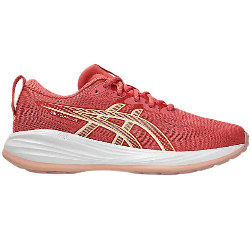Red running shoe with white sole on a white background
