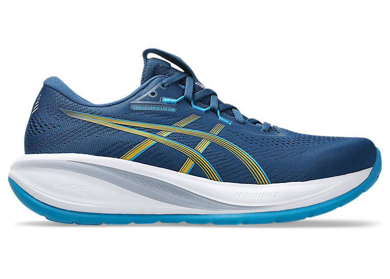 Blue running shoe with white sole on a white background