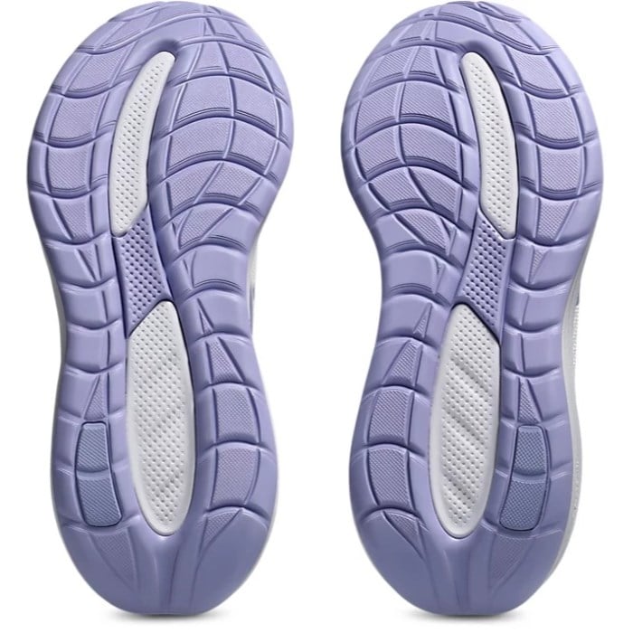 Purple and white sole of a shoe with textured pattern