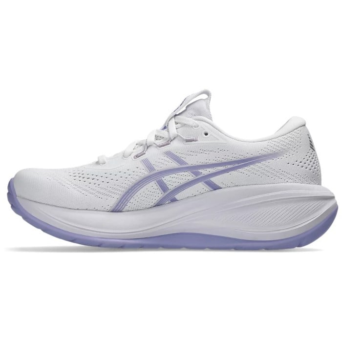 White running shoe with purple accents on a white background
