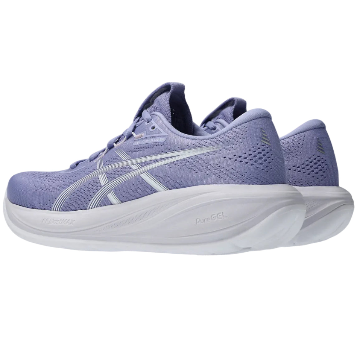 Pair of purple running shoes with white sole on a white background