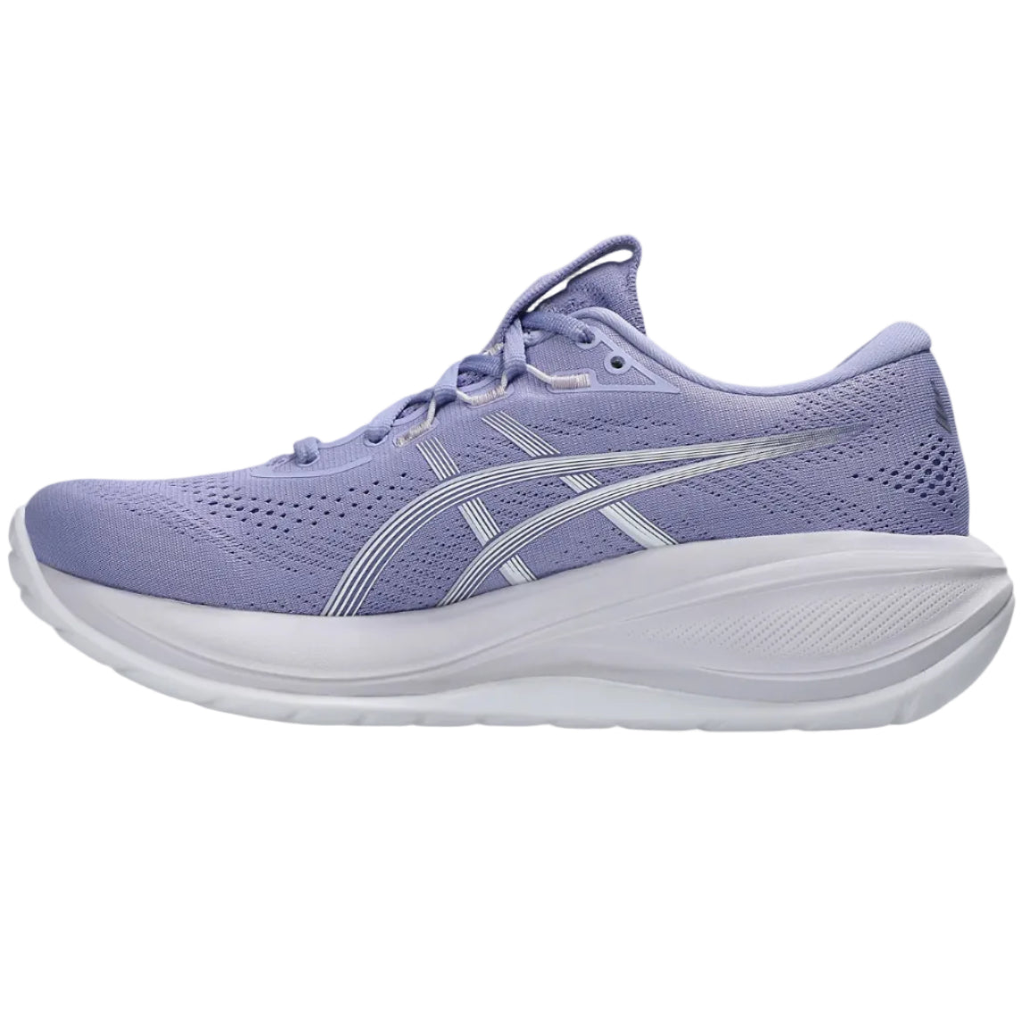 Purple running shoe with white sole on a white background