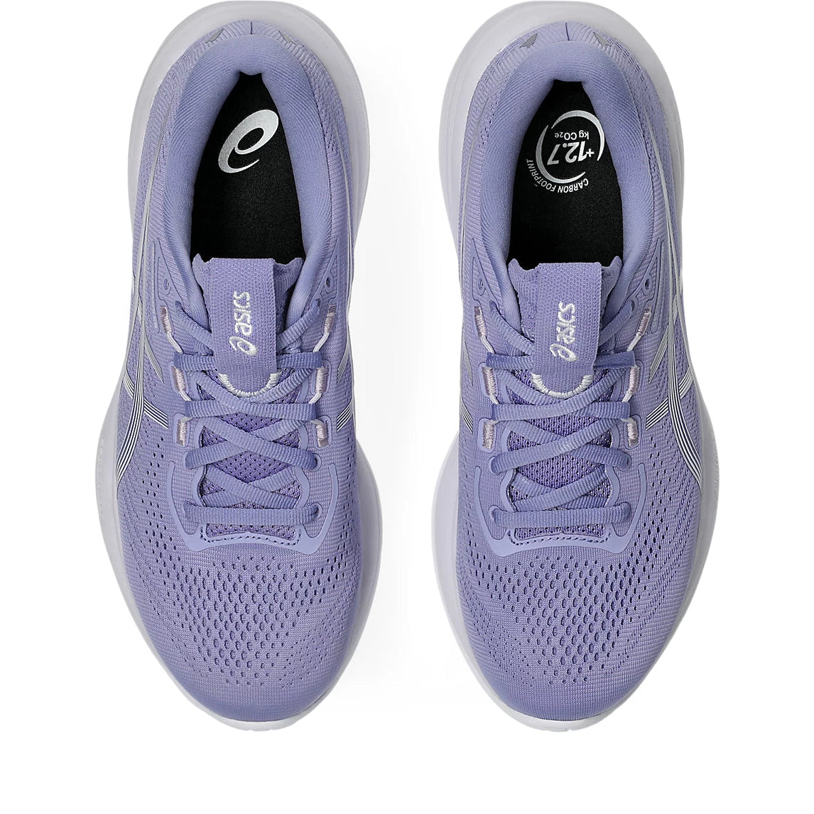 Pair of purple running shoes with Asics logo on a white background
