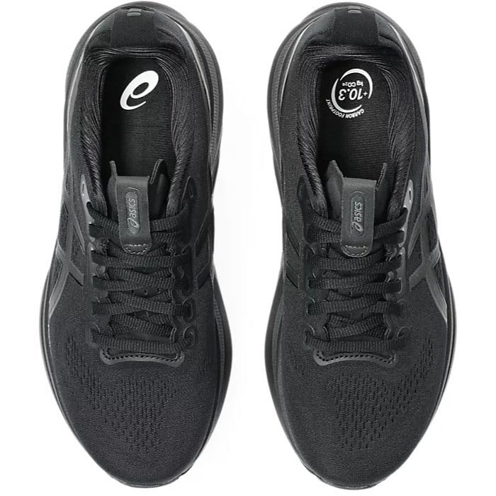 Black running shoes with brand logo on a white background