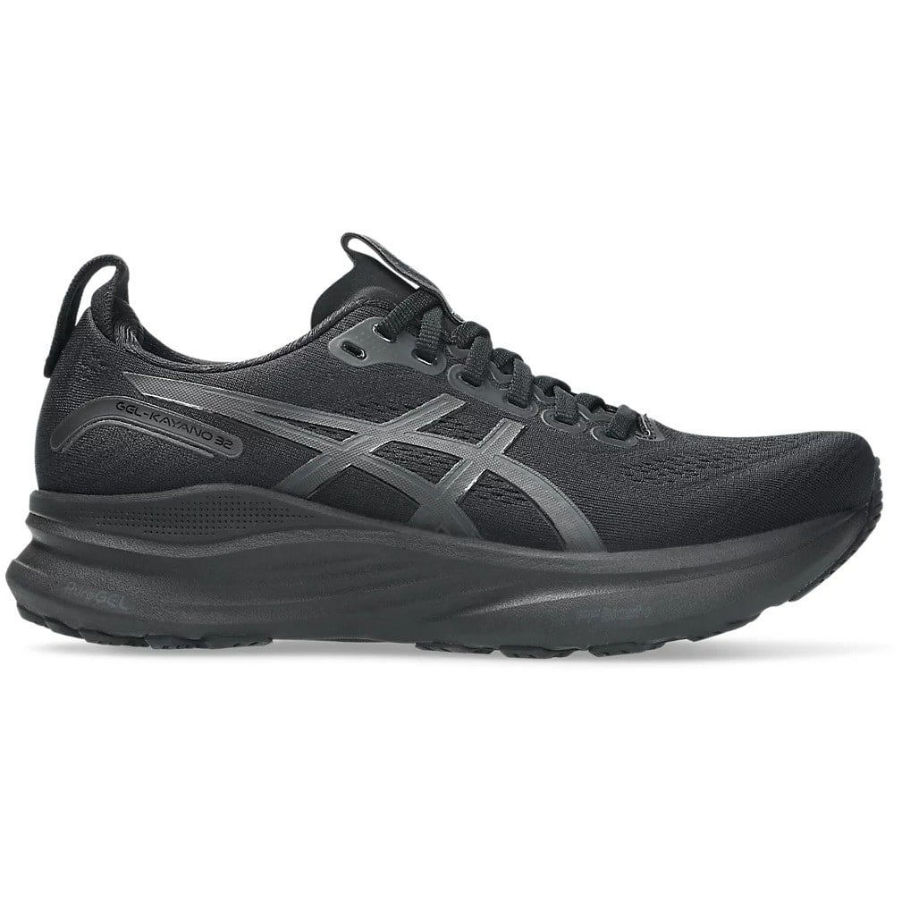 Black running shoe with gray accents on a white background