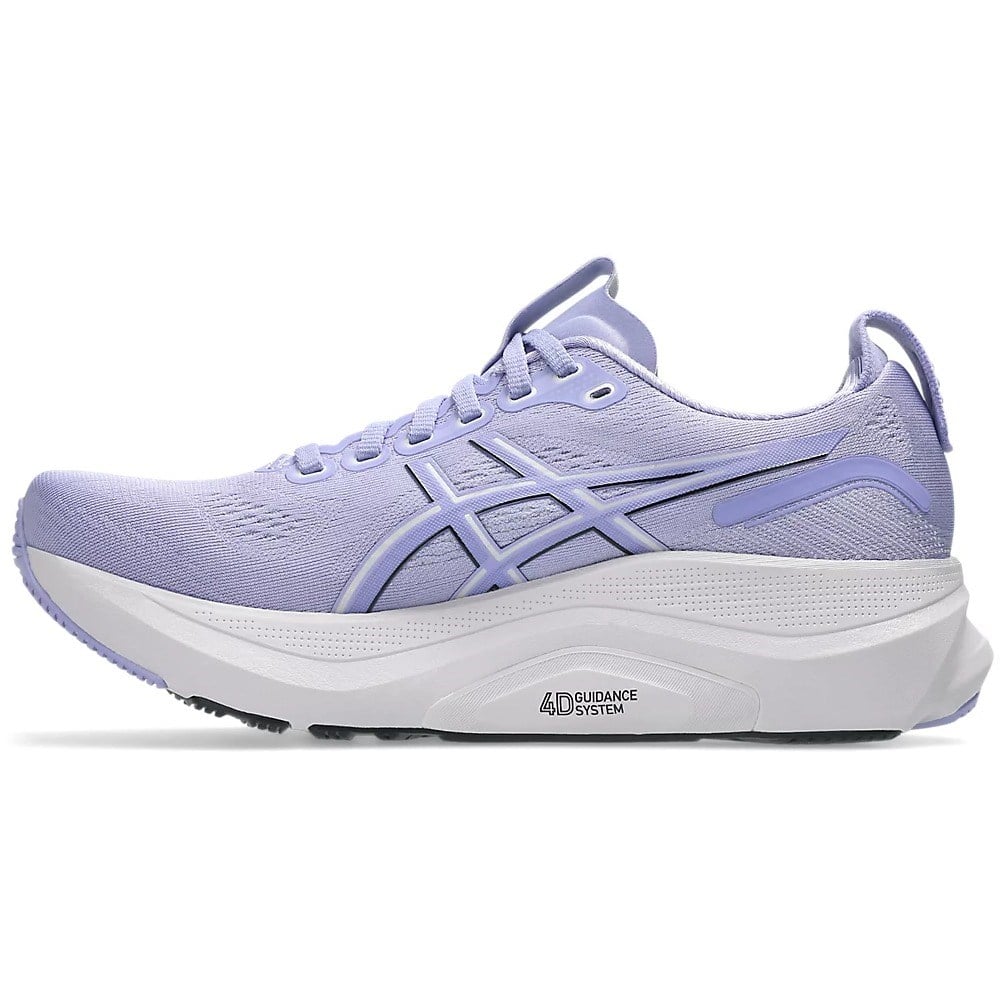 Purple running shoe with white sole on a white background