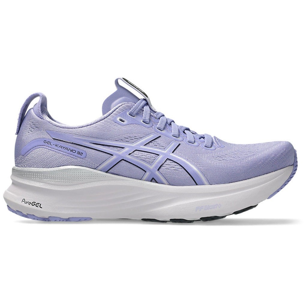 Purple running shoe with white sole on a white background
