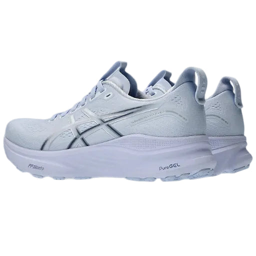 Light blue running shoes with 'PureGEL' branding on a white background