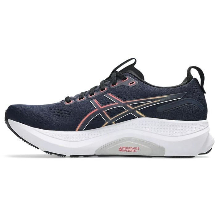 Navy running shoe with white sole on a white background