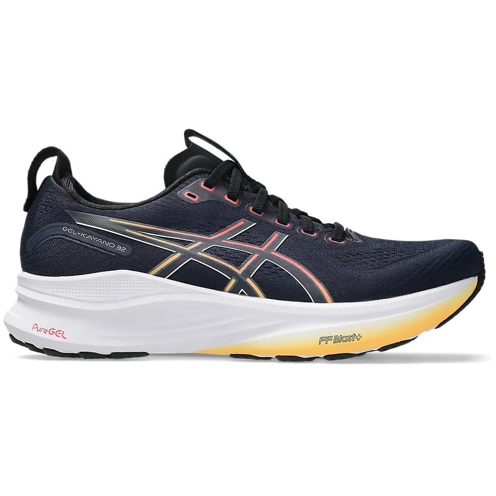 Navy running shoe with white sole and yellow accent on a white background