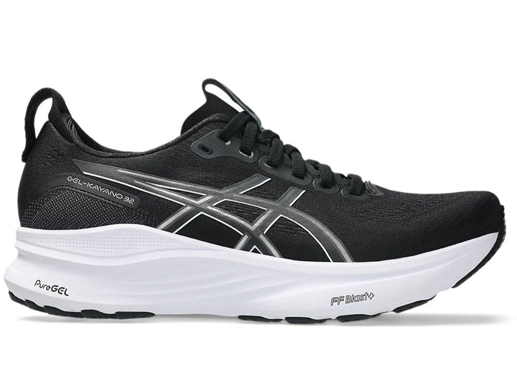 Black running shoe with white sole on a white background