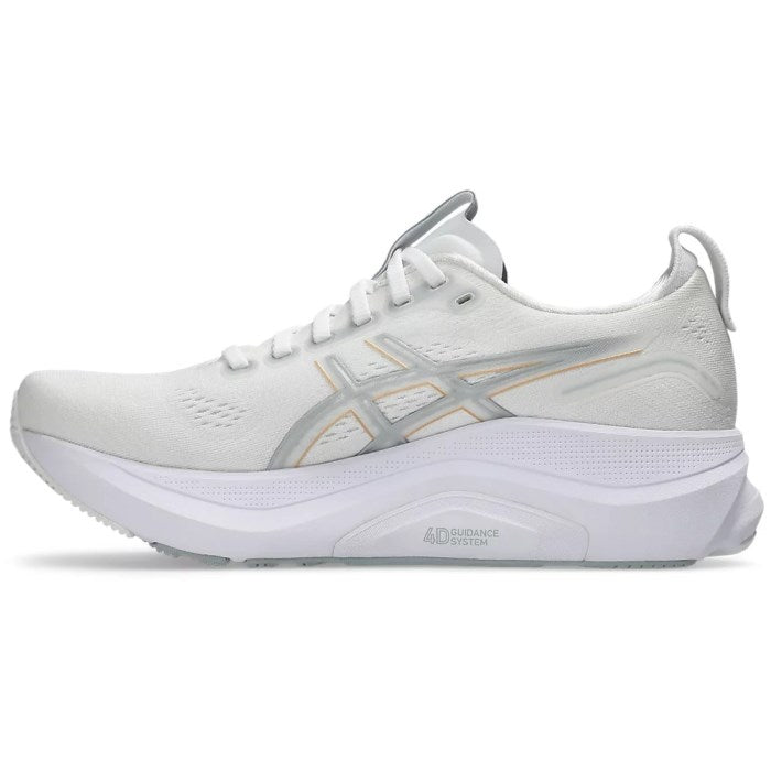 White running shoe with gray and yellow accents on a white background
