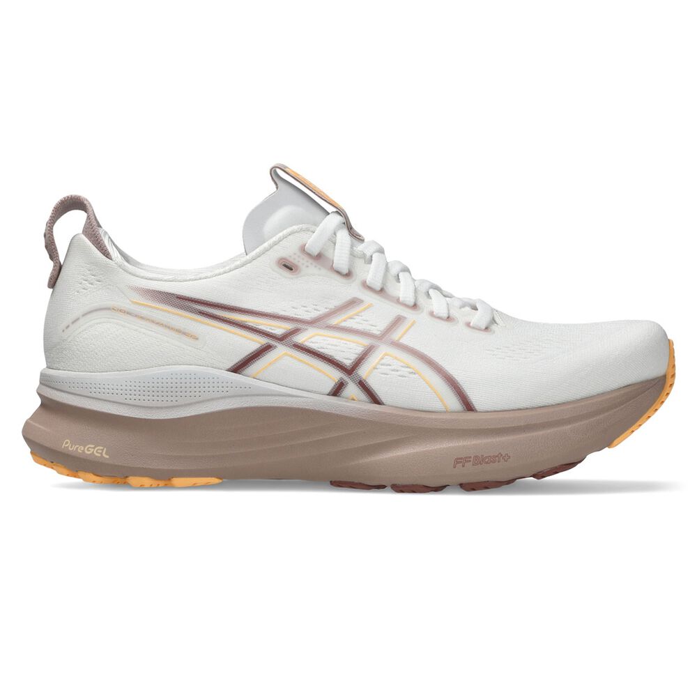 White running shoe with brown accents on a white background