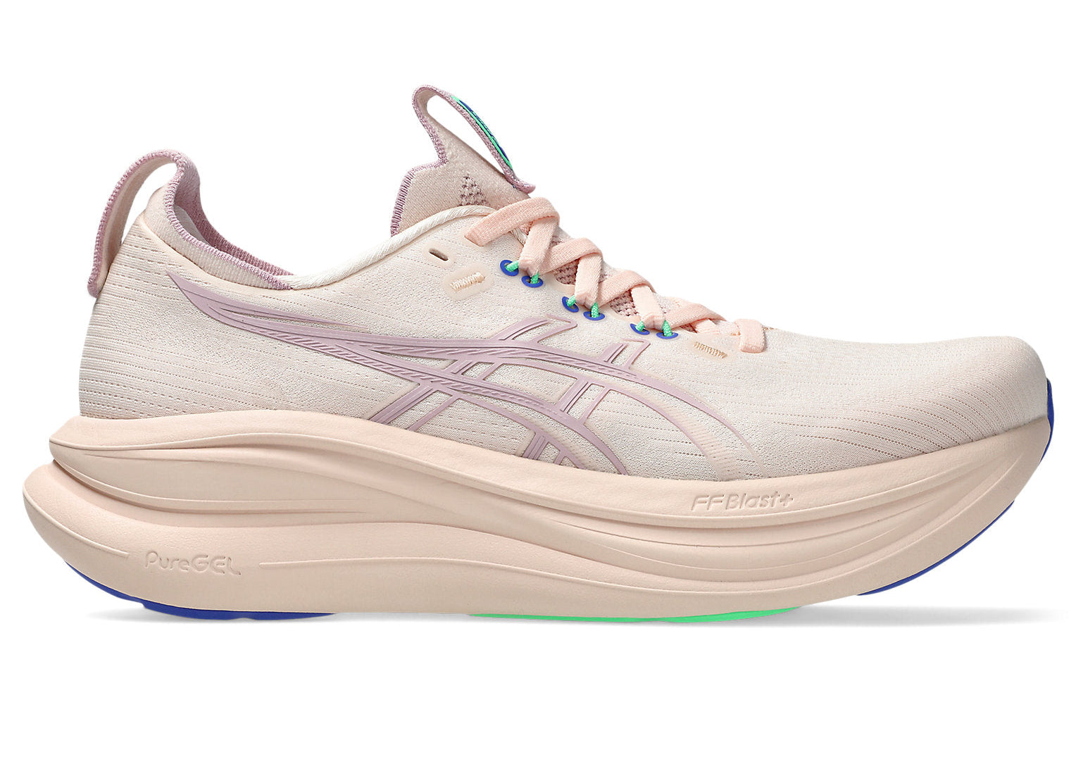 Light pink running shoe with a white sole on a white background