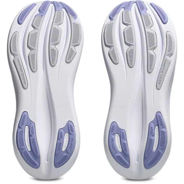 White and purple shoe insoles on a white background