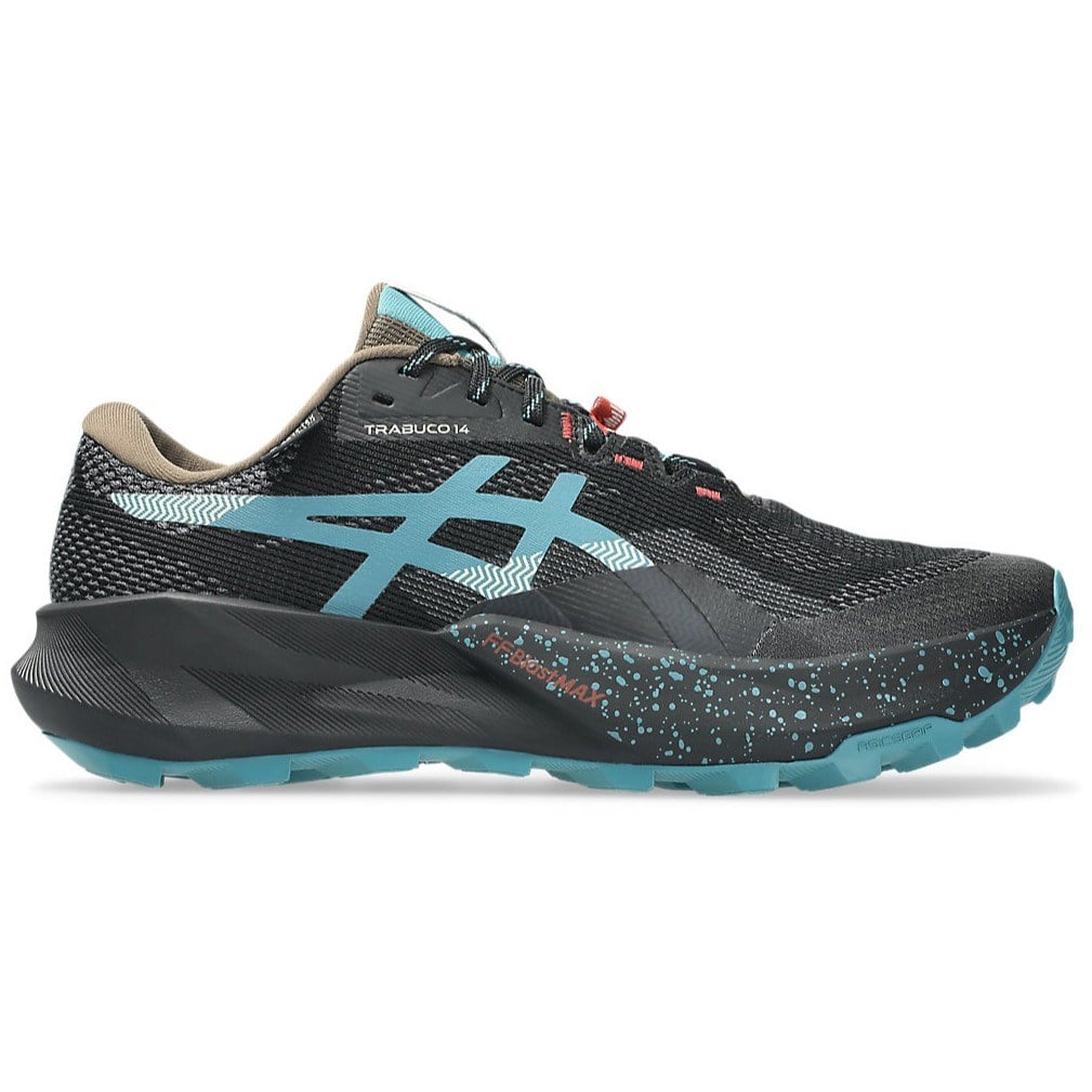 Black and blue running shoe on a white background
