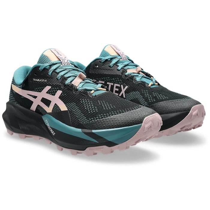Pair of black and teal running shoes with pink accents on a white background