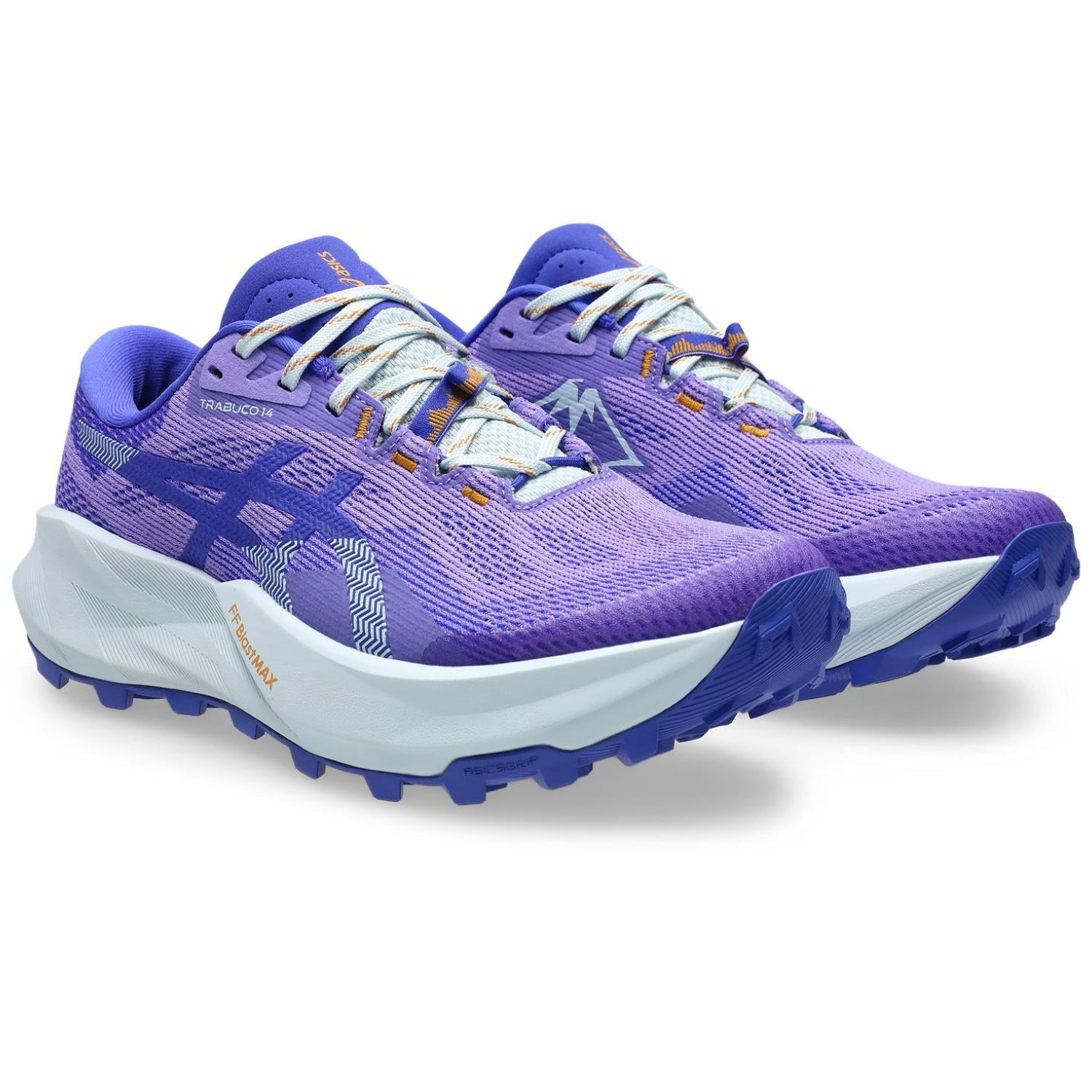 Purple and blue running shoes on a white background