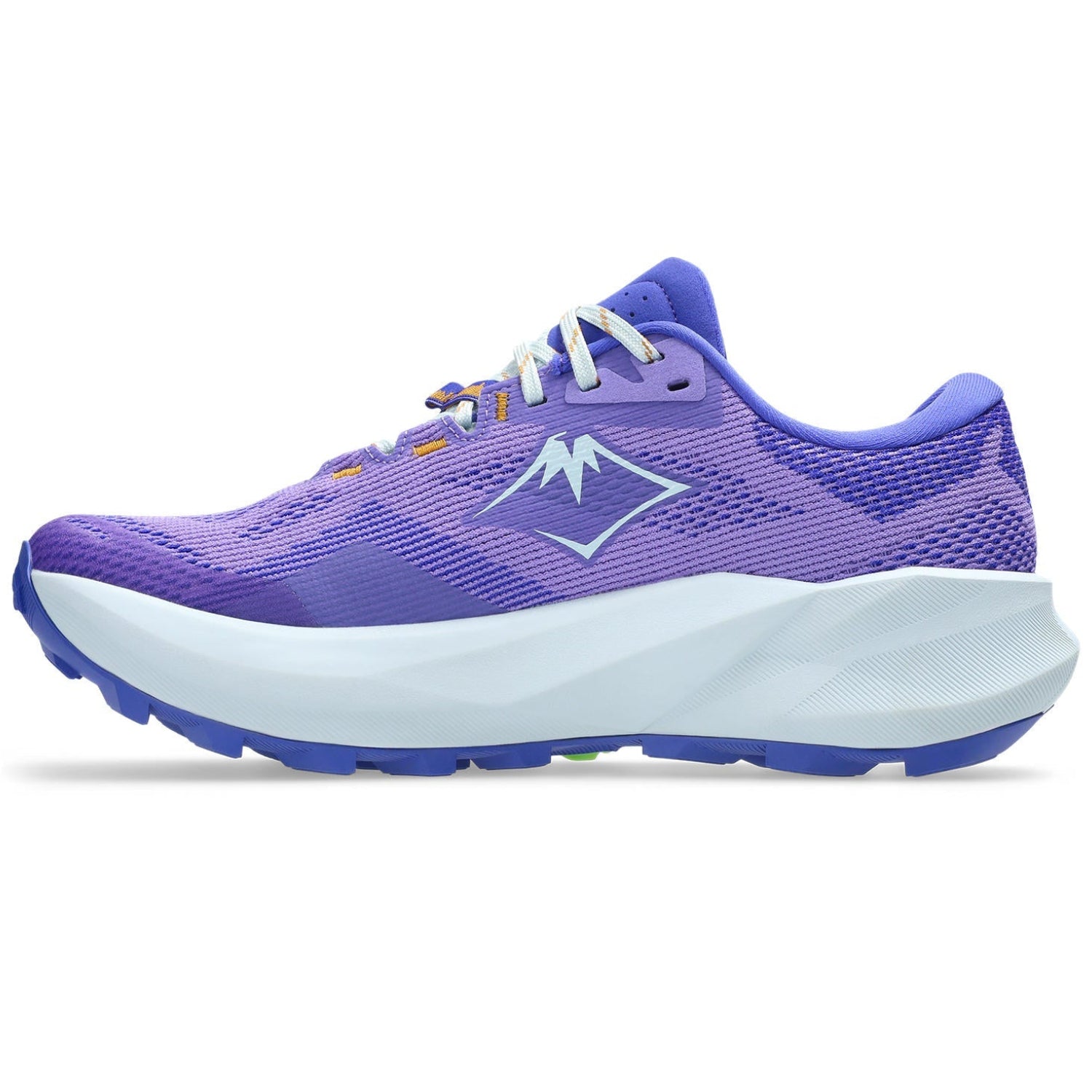 Purple running shoe with a white sole on a white background