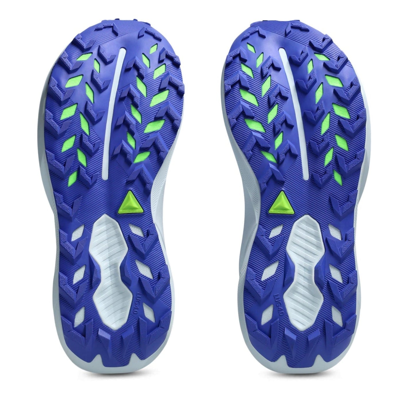Blue and green sole of a shoe with textured pattern on a white background
