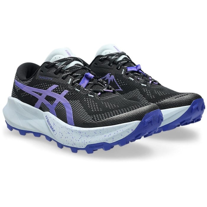 Black and purple running shoes with blue soles on a white background