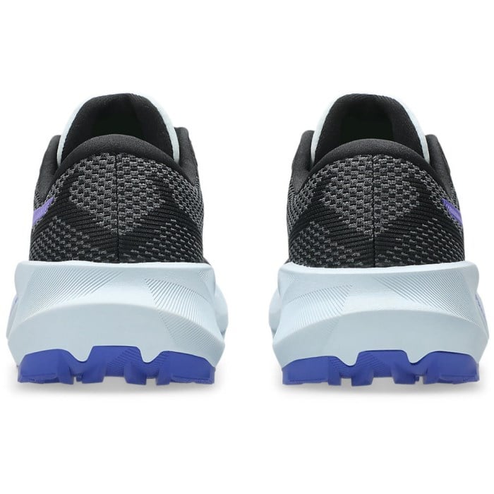Black and blue athletic shoes shown from the back on a white background