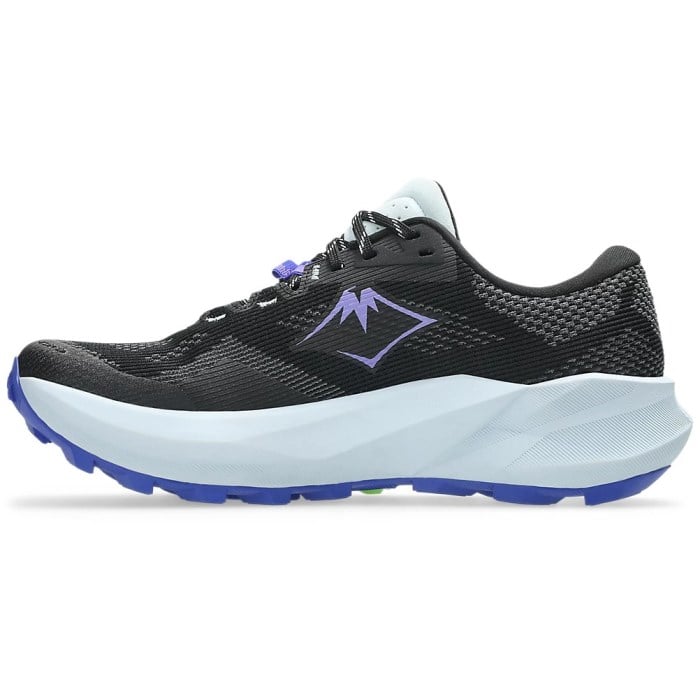Black running shoe with purple logo on a white background