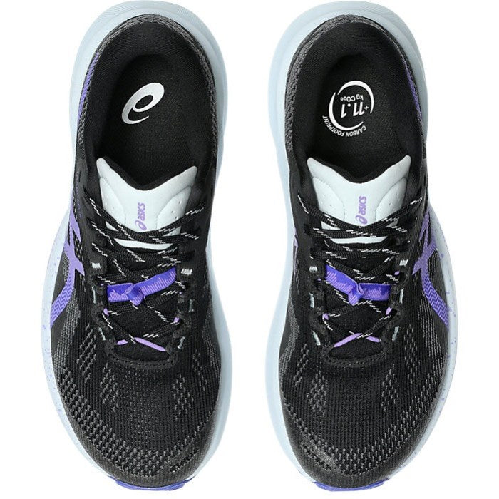Black running shoes with purple accents on a white background