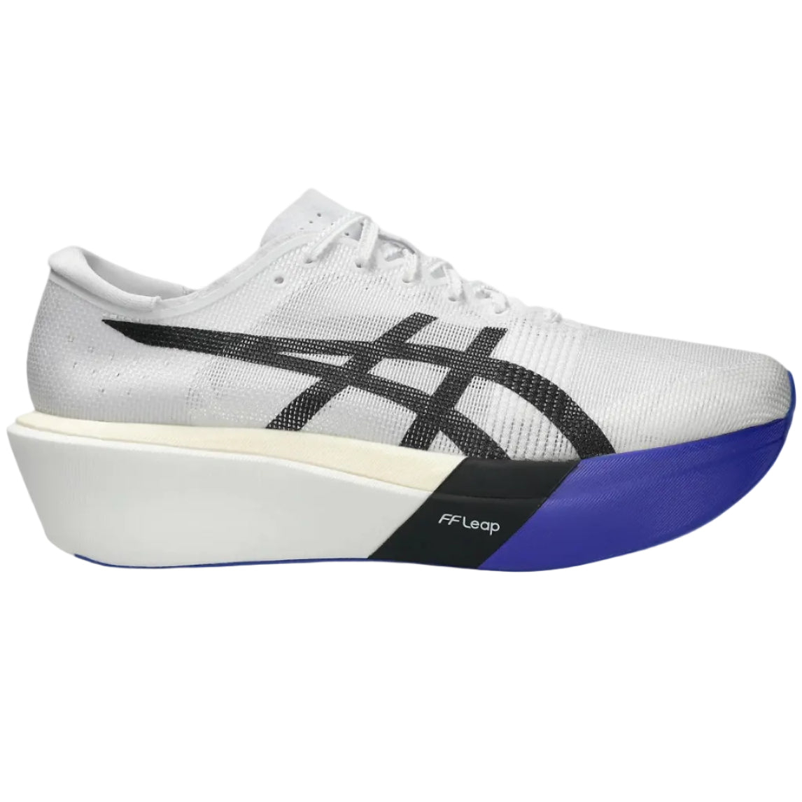 White running shoe with black and blue sole on a white background