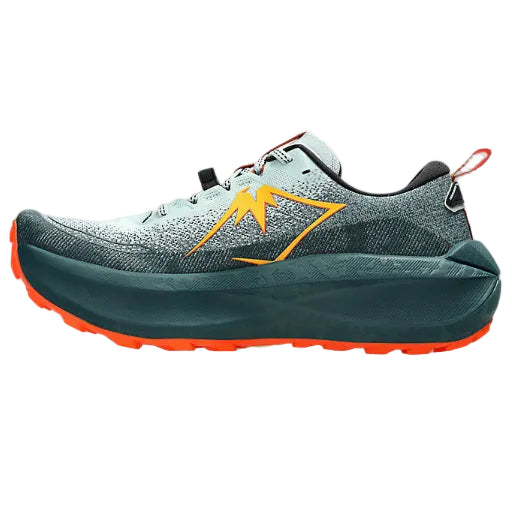 Asics Trabuco Max 4 trail running shoe with a green and orange color scheme, featuring a trail-specific design and cushioning technology.