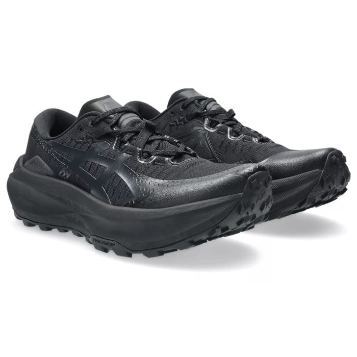 Black hiking shoes with textured soles on a white background