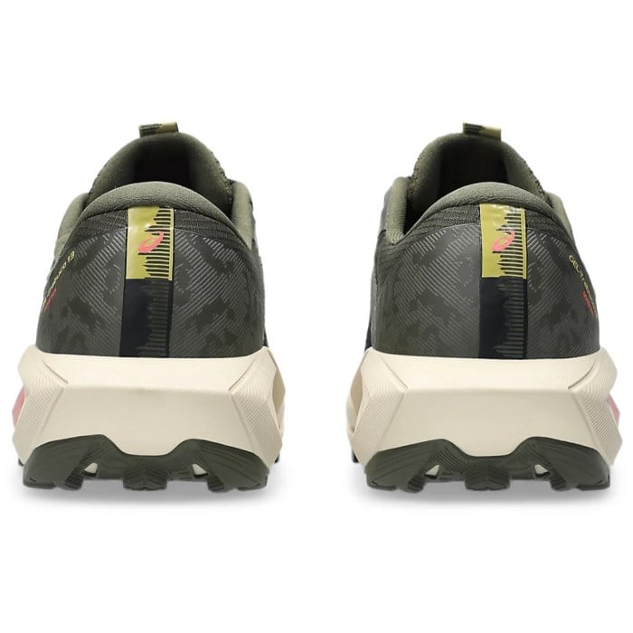 Back view of a pair of hiking shoes with brand logo on a white background