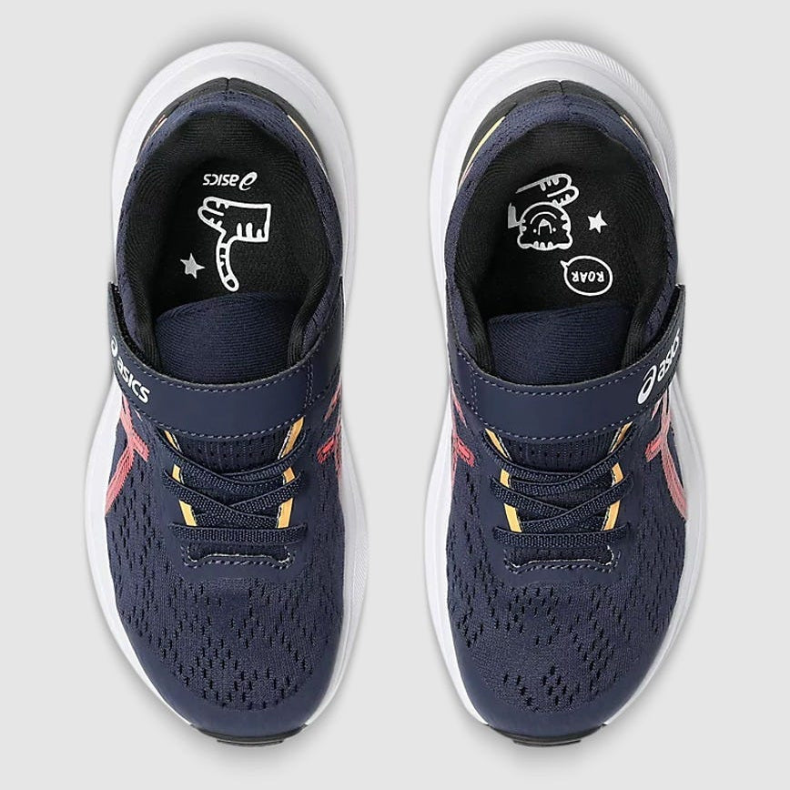 Navy running shoes with white soles on a light gray background