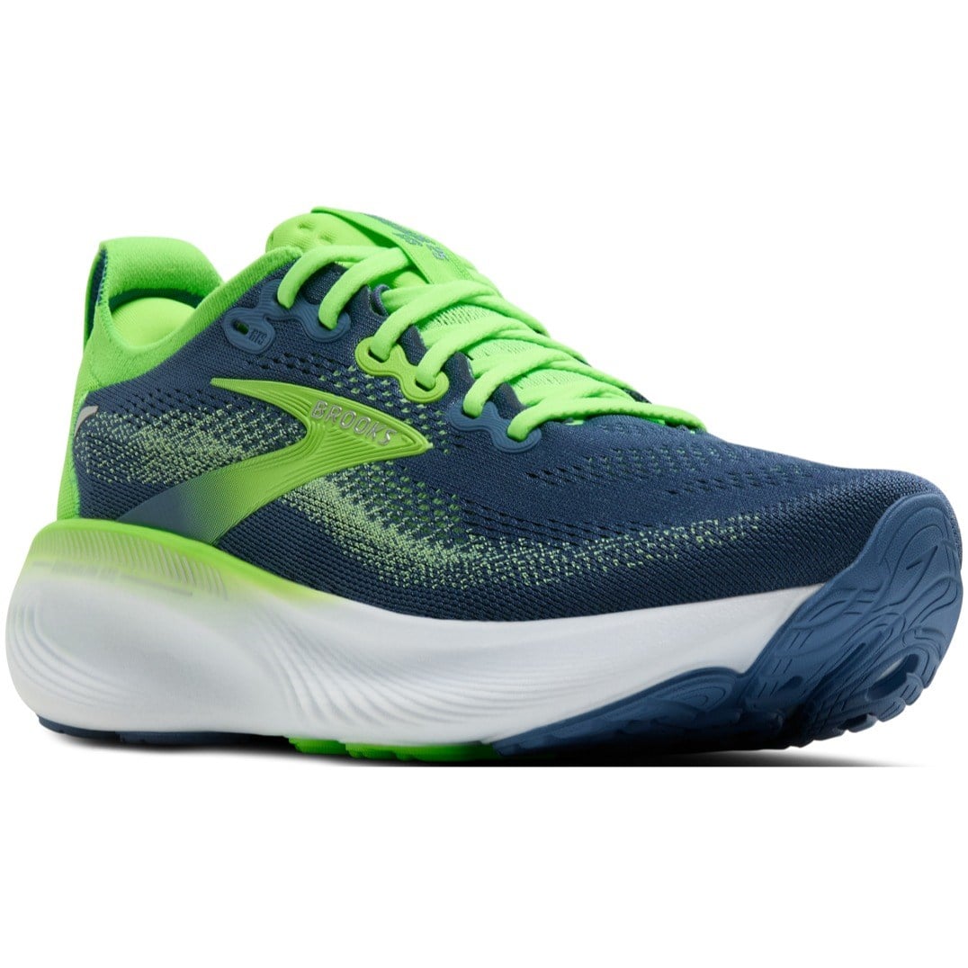 Blue and green running shoe on a white background