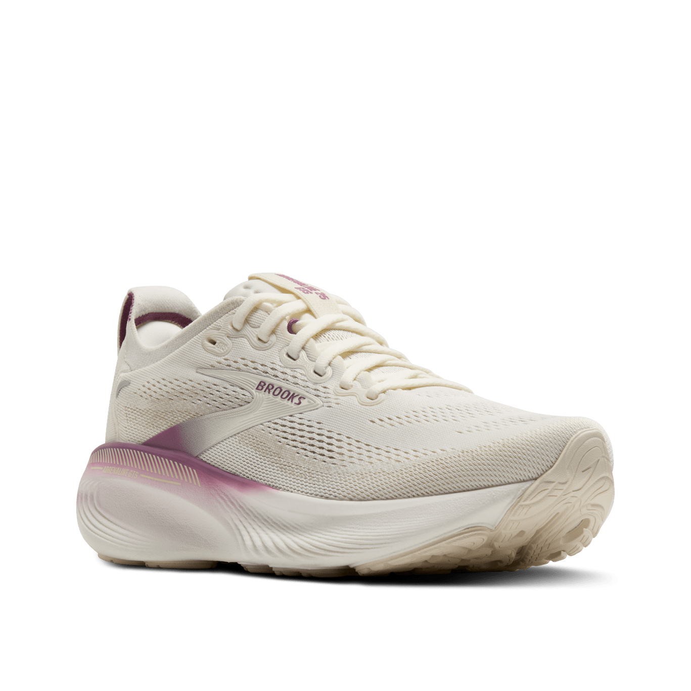 White running shoe with purple accents on a transparent background