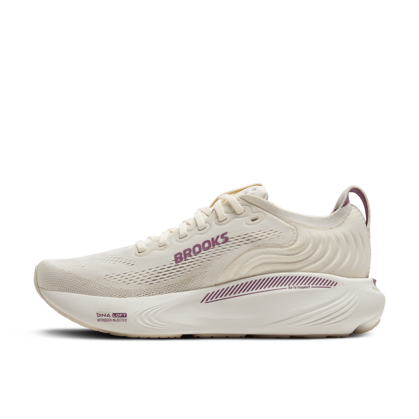 White running shoe with pink text on a transparent background