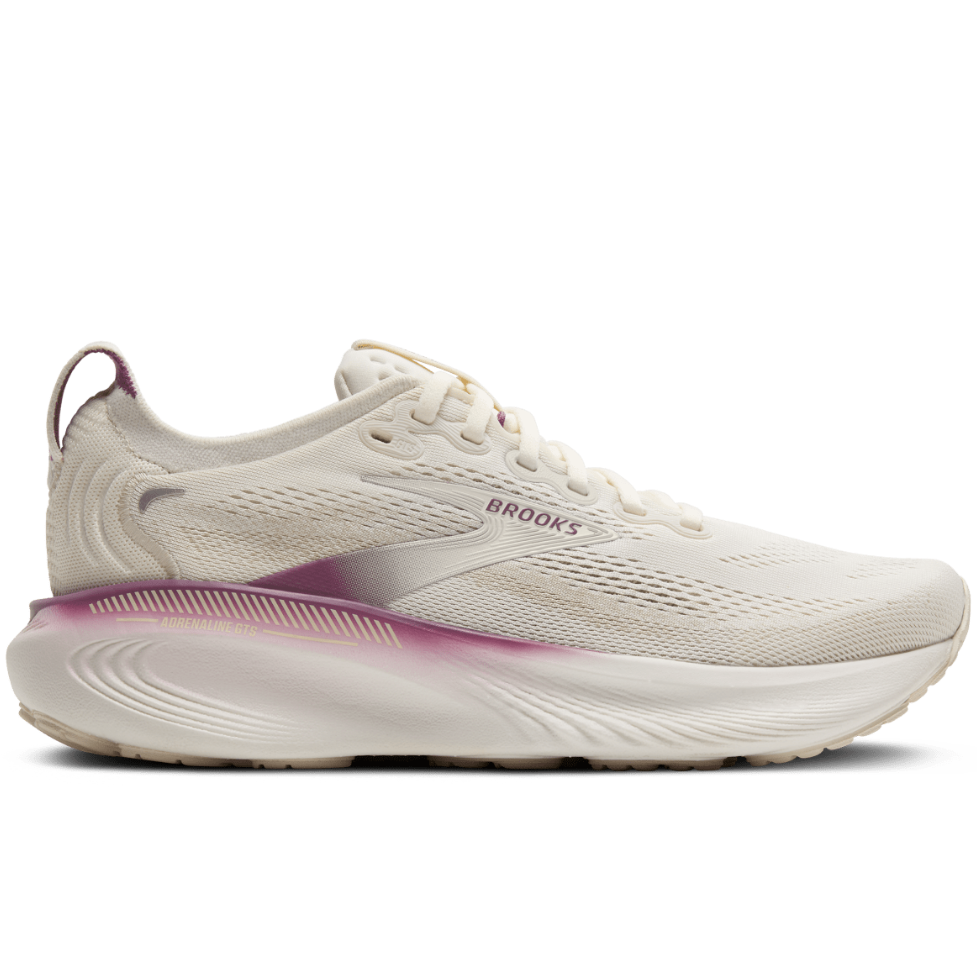 White running shoe with purple accents on a transparent background