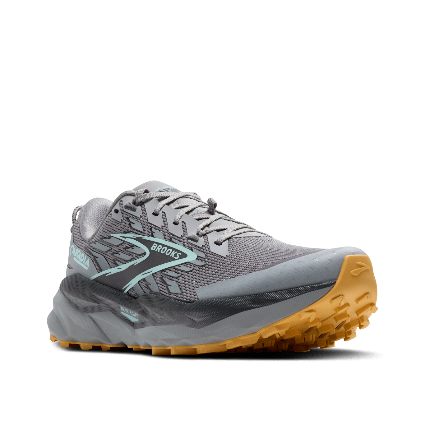 Gray running shoe with yellow sole on a transparent background