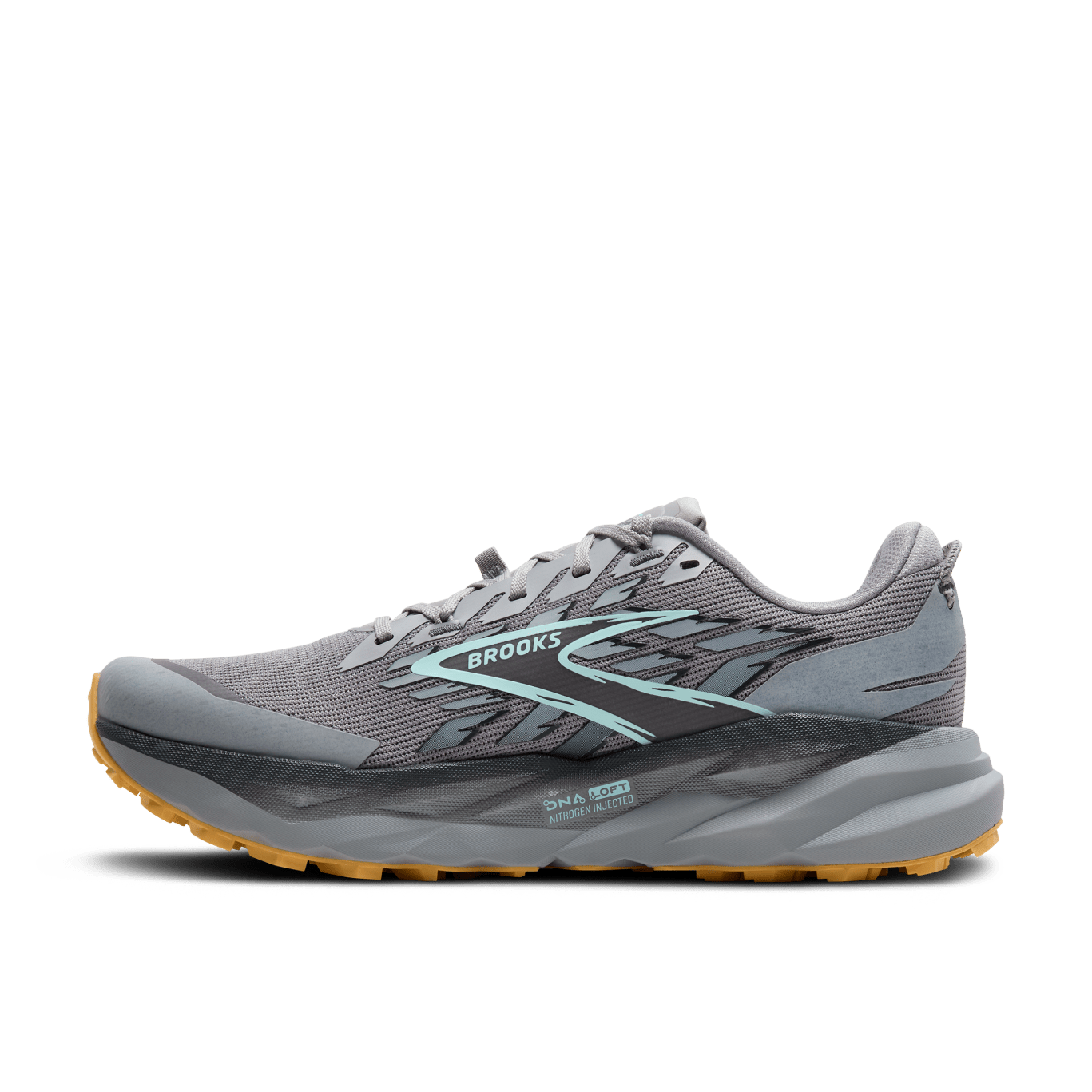 Gray running shoe with teal accents on a white background